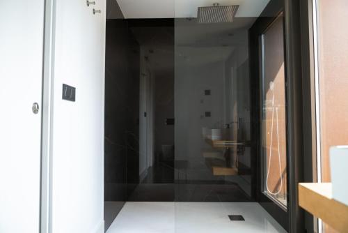 a glass door of a bathroom with a sink at Granxa D Outeiro in Ribadavia