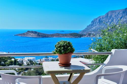 a potted plant sitting on a table on a balcony at Sylvia Studios in Kalymnos