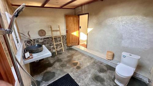 Un baño con inodoro y ducha a ras de suelo. en Lagoona Resort Gili Gede, en Gili Gede
