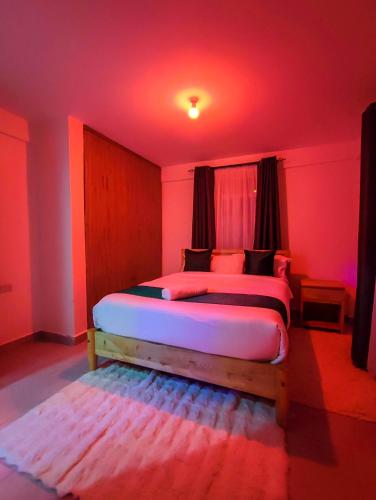 a bedroom with a large bed in a red room at Kiriview Apartments in Nanyuki