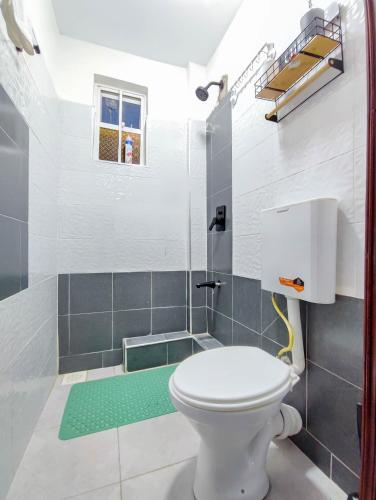a bathroom with a toilet and a shower at Kiriview Apartments in Nanyuki