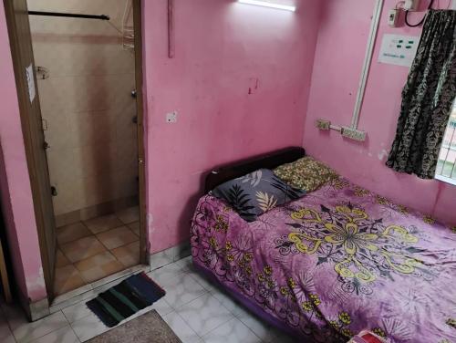 a small pink room with a bed and a shower at Green Homestay Kolkata - Prefer International Guest - Attach Bath - Paid Kitchen in Kolkata