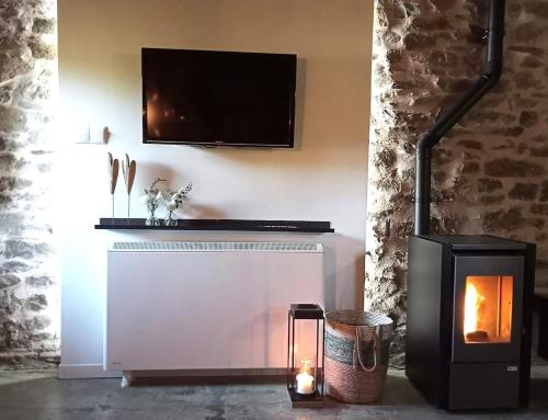 a living room with a fireplace and a tv at Casa Rural Arlanza13 in Arlanza