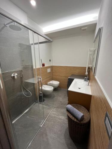 a bathroom with a shower and a toilet and a sink at La Coccinella vacation home in Druogno