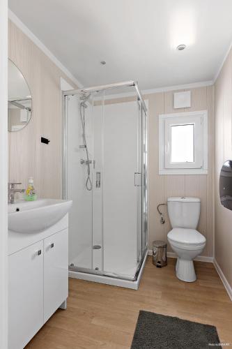 a bathroom with a shower and a toilet and a sink at First Camp Skara Sommarland in Axvall
