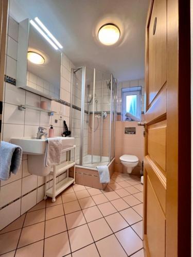 a bathroom with a shower and a sink and a toilet at Baalmann Nr3 in Borkum