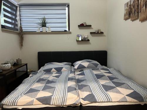 HaundorfにあるModerne Fewo Haundorf mit Terrasse ebenerdigの窓付きのベッドルームに掛け布団付きのベッド1台が備わります。