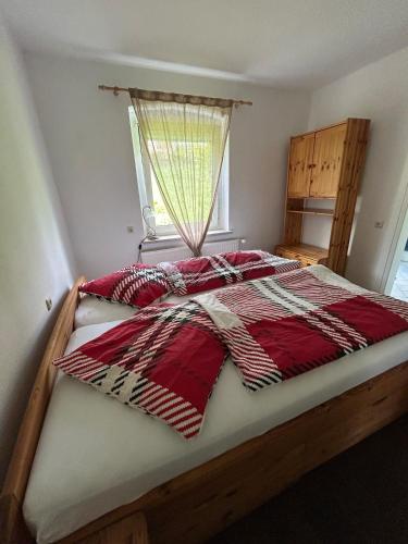 a bedroom with a bed with a red blanket on it at Gemütlich wohnen in Blankenstein am Rennsteig 