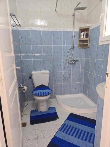 a blue tiled bathroom with a toilet and a shower at Beach Apartment c in Sousse