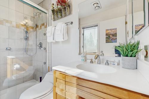 a bathroom with a sink and a toilet and a shower at Slopeside A2 in Stratton