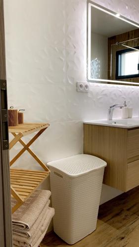 a bathroom with a sink and a mirror and towels at Jolie maison, plain-pied à Dole in Dole