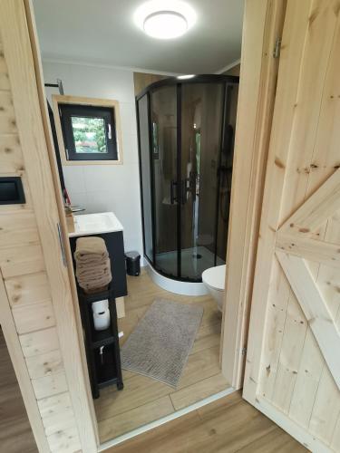 a bathroom with a shower and a toilet in a room at Hortensja 2 in Rusinowo