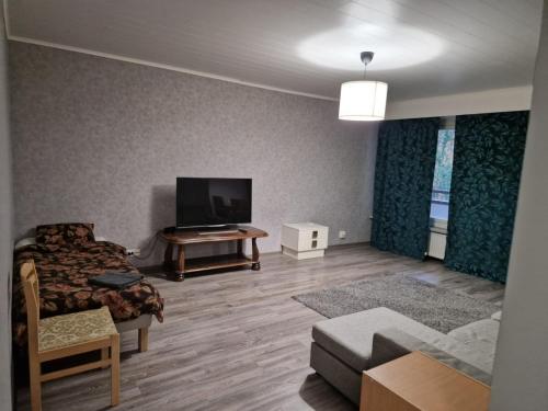 a living room with a couch and a tv at Asunto työporukalle Myllymäki 25 with free parking in Lahti