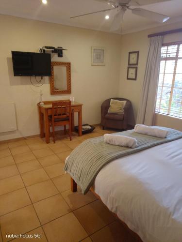 a bedroom with a bed and a desk and a television at Feather Tree Bed and Breakfast in Centurion
