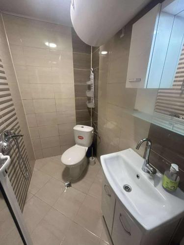 a bathroom with a toilet and a sink at Нощувки Шумен in Shumen