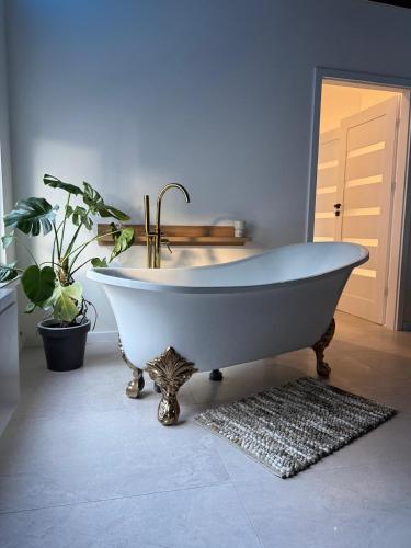 a white bath tub with a sink in a bathroom at Balia Apartament in Grudziądz