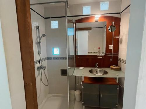 une salle de bains avec douche, lavabo et miroir dans l'établissement "La Liberté" Maison de ville, Parking, Wi-Fi, à Sète