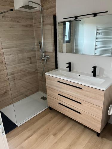 a bathroom with a sink and a shower at Villa le Cap in Lit-et-Mixe