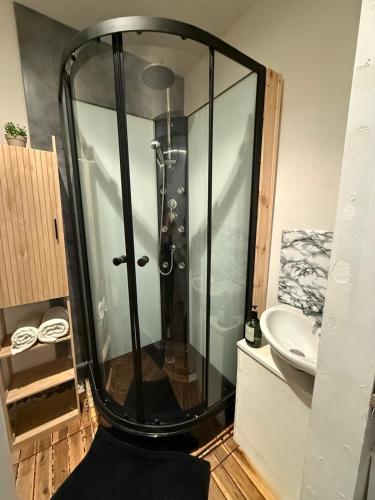 eine Glasdusche im Bad mit Waschbecken in der Unterkunft Appartement au coeur de Béziers in Béziers