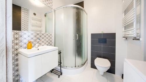a bathroom with a shower and a sink and a toilet at Apartament nad morzem in Kołobrzeg