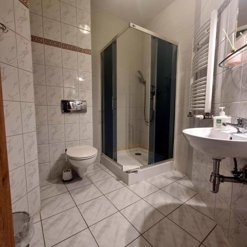 a bathroom with a shower and a toilet and a sink at Dom Brama Mazur in Ostróda