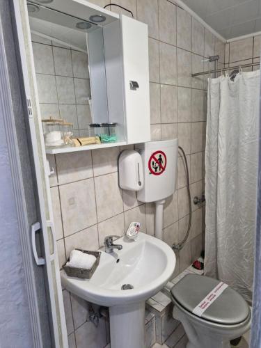 un bagno con lavandino, WC e specchio di Georgias house 7 min from Athens airport a Artemida
