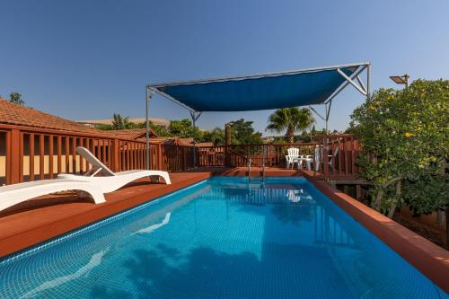 a swimming pool with a blue canopy over it at אצולת הכפר in Elifelet