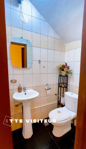 a bathroom with a toilet and a sink and a mirror at Spacious, modern Yaoundé villa in Yaoundé