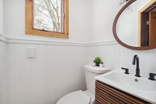 a bathroom with a toilet and a sink and a mirror at The birch House Heated Pool, Sauna, Hot Tub & More in Dover