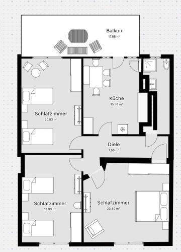 a black and white floor plan of a house at 6P Zentrale Suite mit Balkon & Parkplatz in Witten