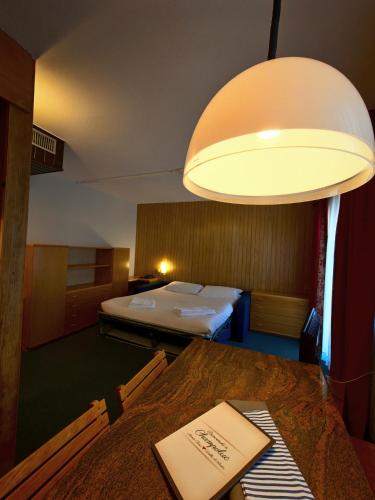 a room with a table and a bed and a lamp at Residence Les Coupoles in Champoluc