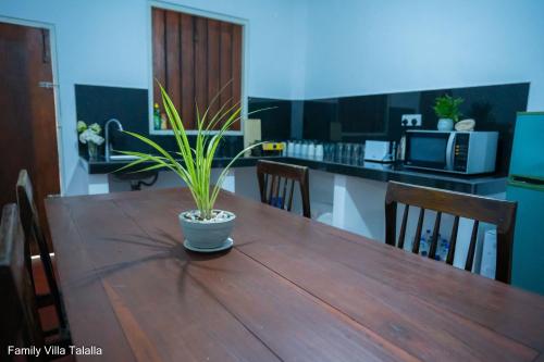 a potted plant sitting on a wooden table in a kitchen at Family Villa Talalla in Talalla
