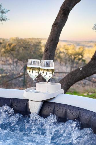two glasses of white wine sitting on a tray at Twisted Horns Ridge and Ranch in Hondo