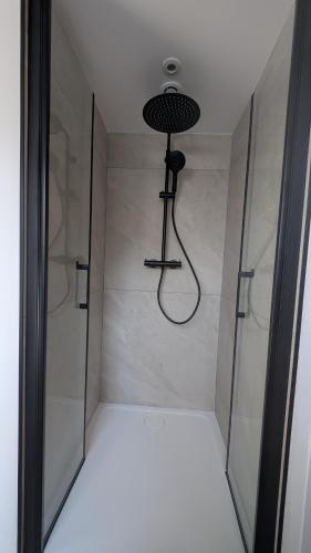 a shower with a glass door with a shower head at Résidence Tamaris Paloma in Plouër-sur-Rance