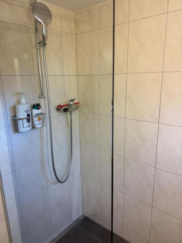 a shower with a shower head in a bathroom at Historic Lakeview Swiss Chalet near Interlaken in Niederried
