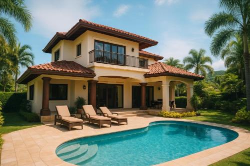 a villa with a swimming pool in front of a house at Beach house at lobo in Lobo