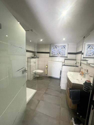 a bathroom with a shower and a toilet and a sink at Eifeltraum Mendig, 3 Sterne, Ferienwohnung in Mendig