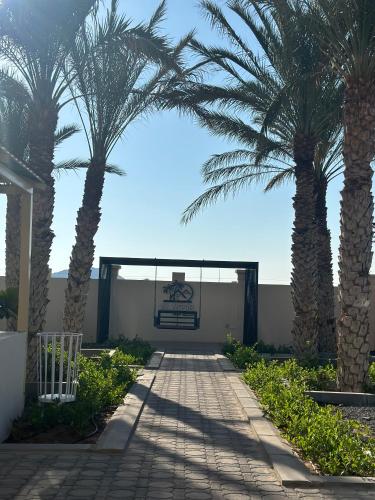 two palm trees in front of a building at النور ريست هاوس in Ibrā