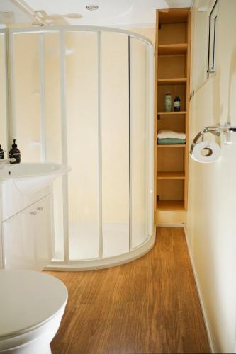 a bathroom with a shower and a white toilet at chalet fazant in Serooskerke