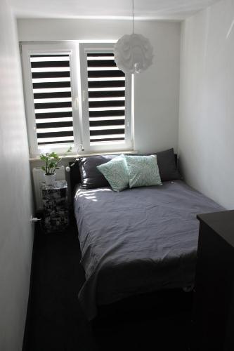 um quarto com uma cama com duas almofadas e duas janelas em Apartament Skwer Kosciuszki em Gdynia