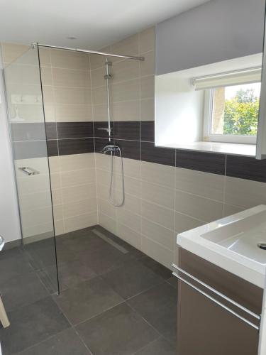 a bathroom with a shower and a sink at L'étable de Keriven in La Chapelle-Neuve
