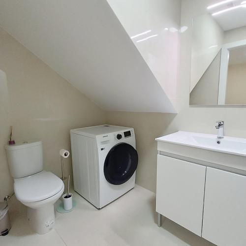 a bathroom with a washing machine and a sink at Casa Estrela Em Flor in Covilhã
