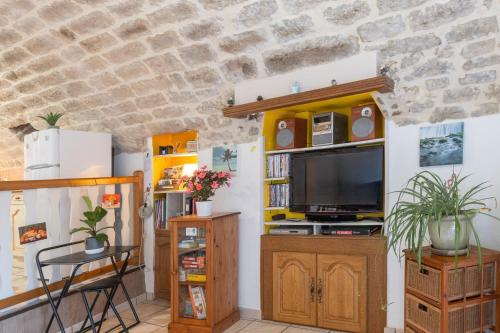 a living room with a tv and a stone wall at Le Mas De La Blache in Payzac