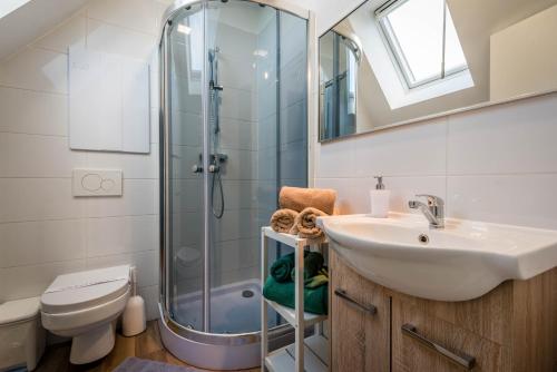 a bathroom with a sink and a shower at Apartment Jamy in Tatranská Lomnica