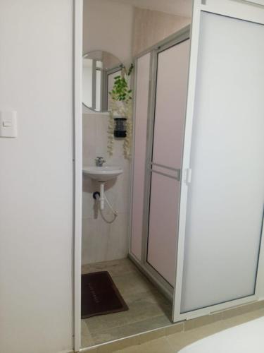 a bathroom with a shower and a sink at KOKOA GARDEN INN in San Vicente de Chucurí