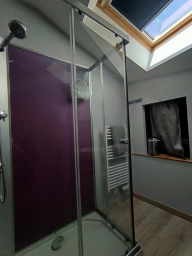 a glass shower in a bathroom with a skylight at Le Nid du Haut in Saint-Nectaire