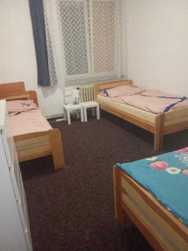 a room with three beds and a chair in it at Hospůdka a Penzion u Rážů in Suchovršice