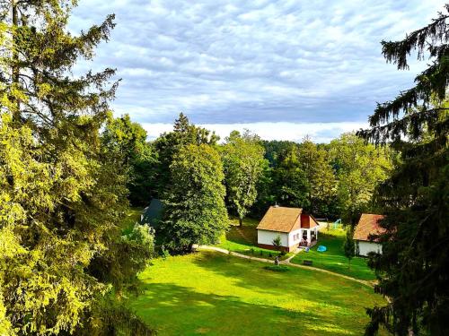 a small house in the middle of a green field at Domki Wierzchy in Wierzchy