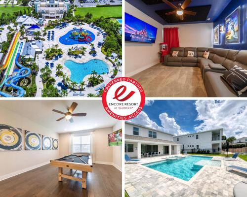 a collage of photos of a hotel with a pool and a resort at Magnificent Home Near Disney With Theater Room, Pool Table, Waterpark & Resort Access At Encore Resort Reunion - 7448Mr in Kissimmee