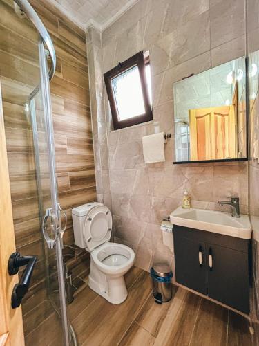 a bathroom with a toilet and a sink and a shower at A Peaceful Base for Exploring the Magic of Rize in Dikkaya